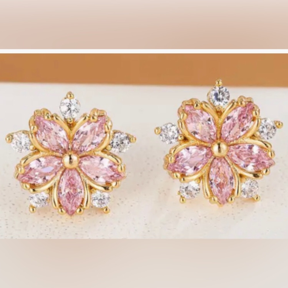 🌸NWT- Pink Cherry Blossom Zircon Earrings set in Gold Overlay🌸